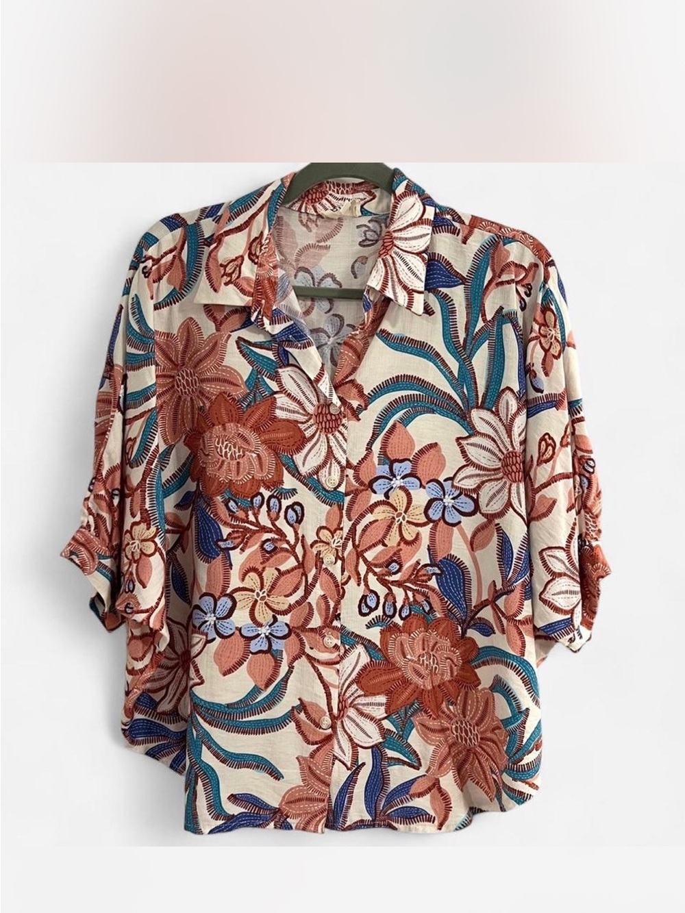 Bibi Bold Multicolor Floral Print Oversized Button Down Top - Picture 4 of 10